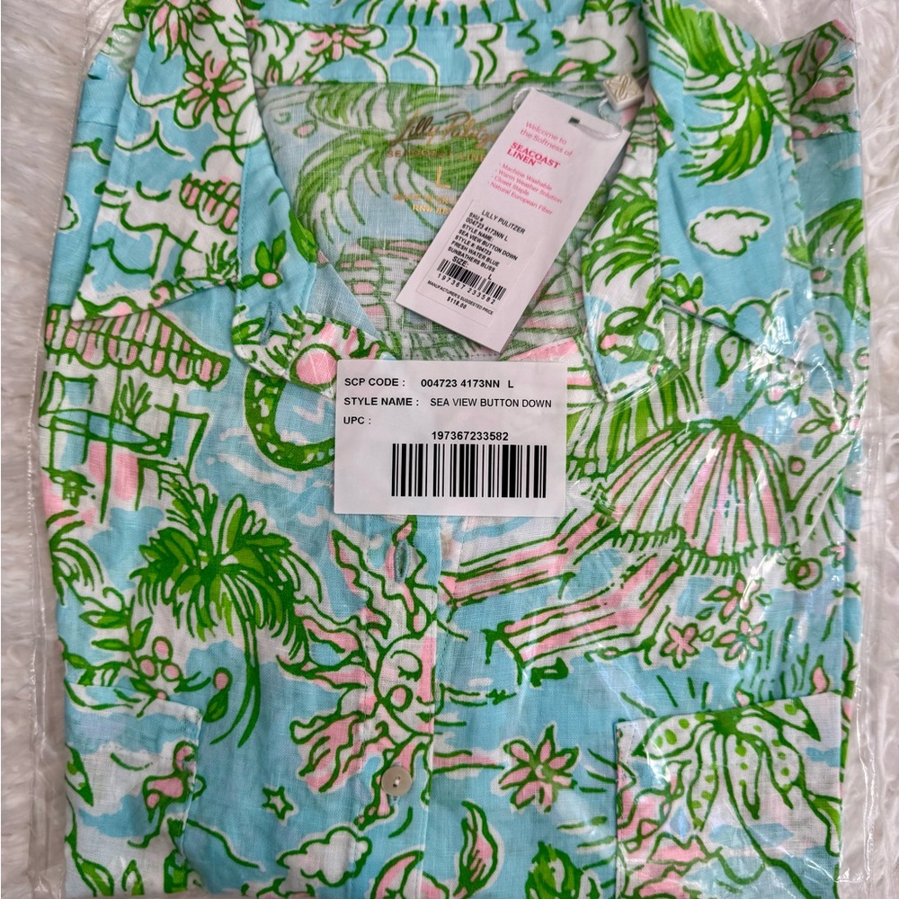 NWT Lilly Pulitzer SEA VIEW LINEN BUTTON DOWN “Fresh Water” MSRP $168 NWT sz LG - Picture 6 of 8